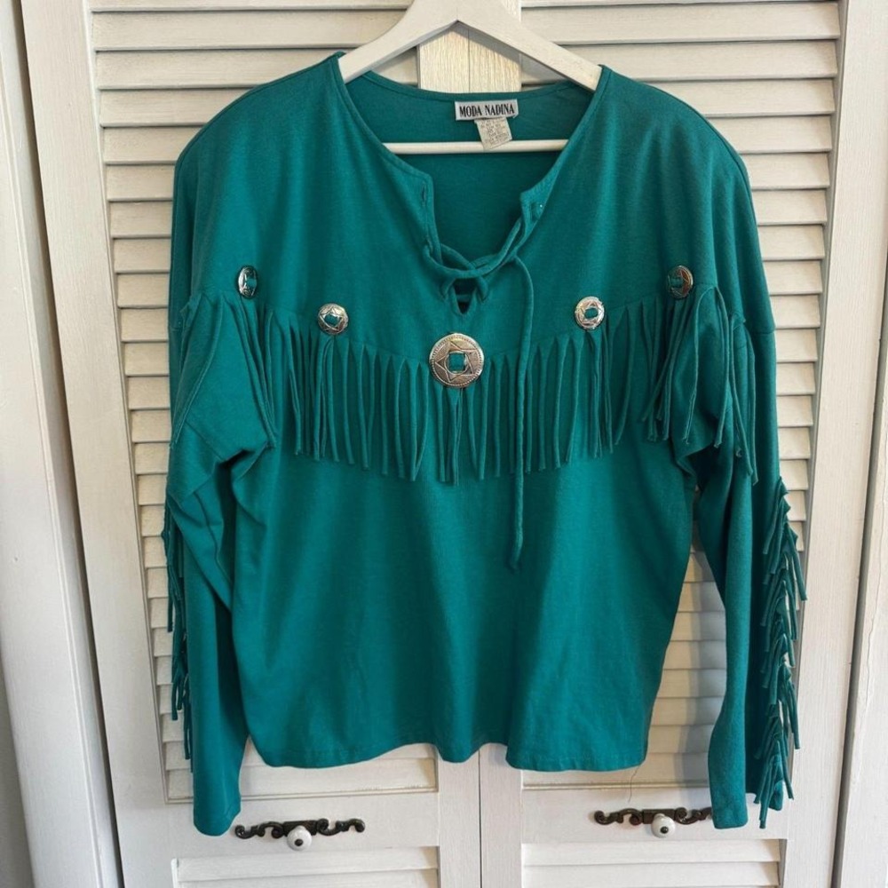 Vintage Moda Nina Womens‎ Cotton Western Style Top with Shoulder Pads SZ M